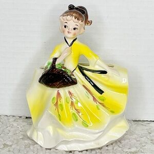 Neidco Vintage Brunette Girl With Basket Yellow Ceramic Planter Japan Vintage